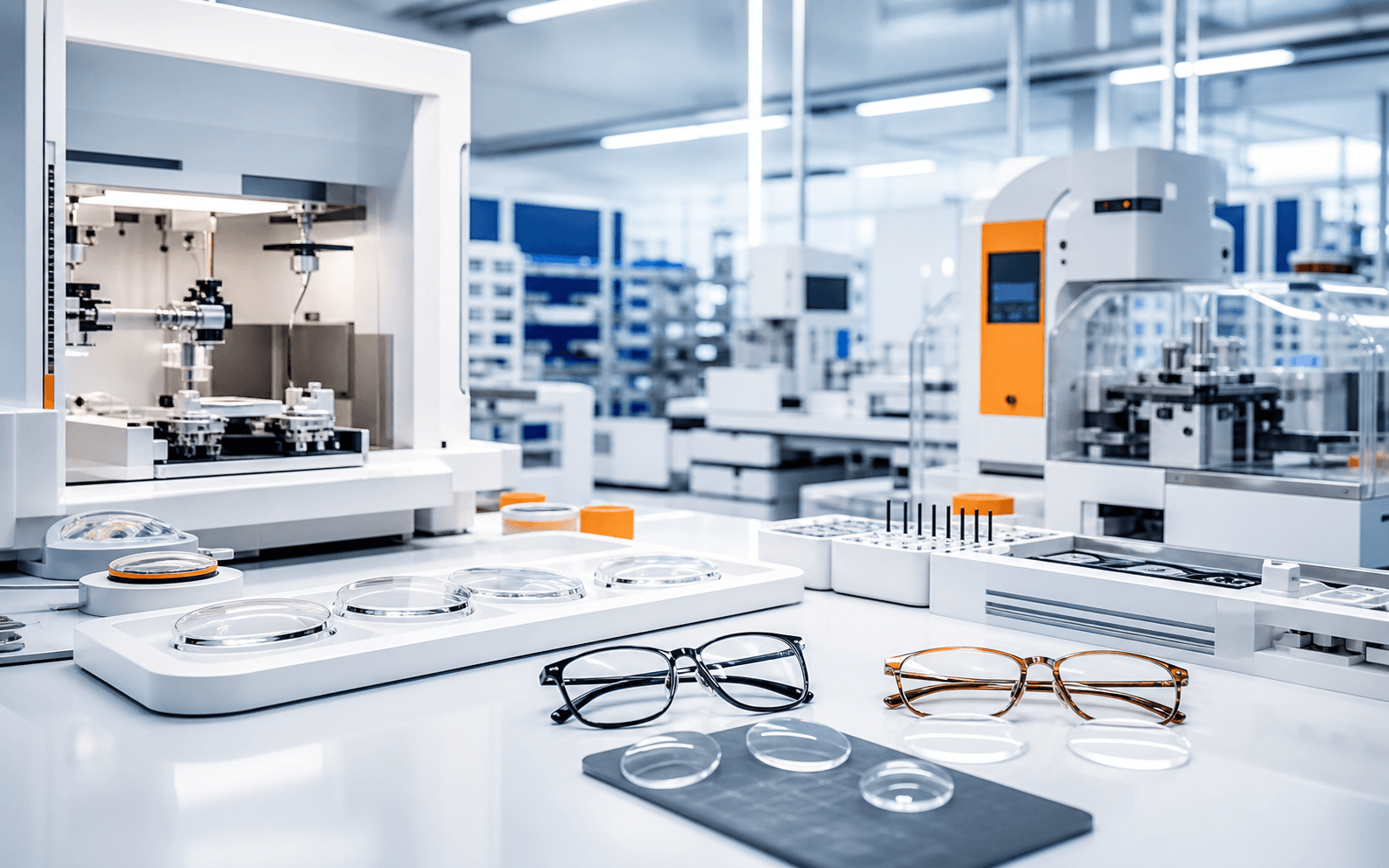 Eyeglass frames and clear lenses on an optical workbench.